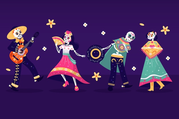 Коллекция элементов персонажа flat dia de muertos