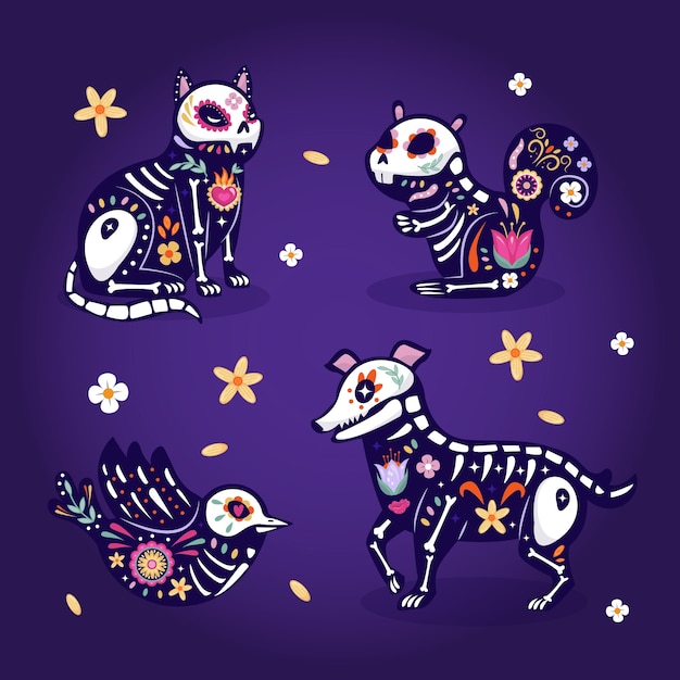 Flat dia de muertos character elements collection