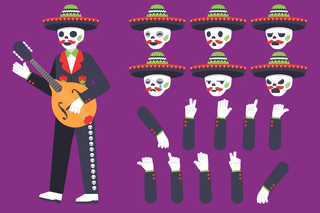 Free vector flat dia de muertos character elements collection