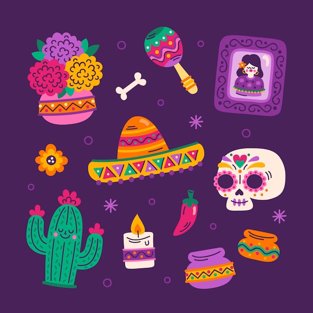 Flat dia de muertos character elements collection