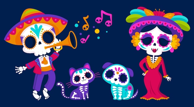 Коллекция элементов персонажа flat dia de muertos