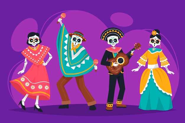 Flat dia de muertos character elements collection