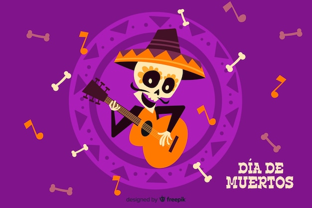 Free vector flat día de muertos and guitar background