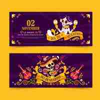 Free vector flat dia de muertos horizontal banners set