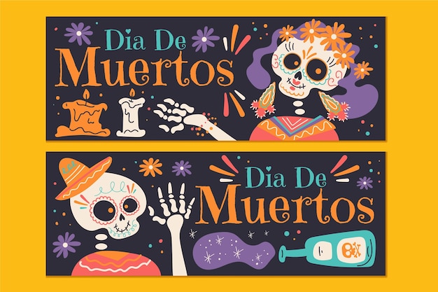 Vettore gratuito set di banner orizzontali piatti dia de muertos