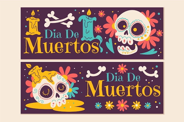 Free vector flat dia de muertos horizontal banners set