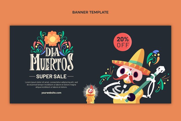 Плоский баннер dia de muertos с горизонтальной распродажей