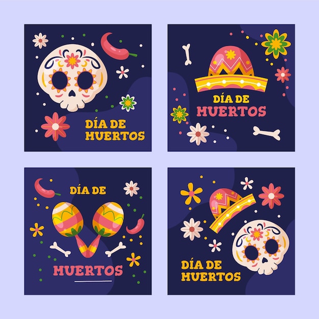 Flat dia de muertos instagram posts collection