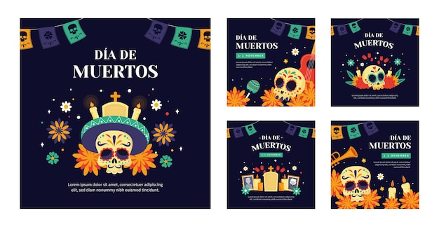 無料ベクター flat dia de muertosinstagram投稿コレクション