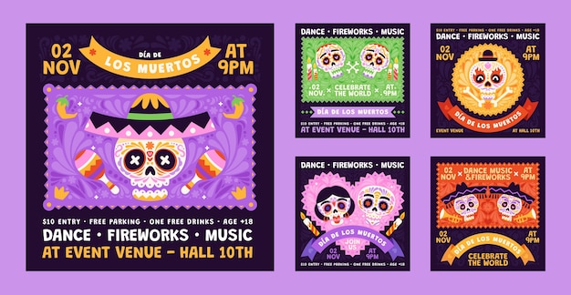 Free vector flat dia de muertos instagram posts collection