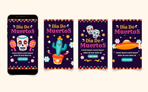 Flat dia de muertos instagram stories collection