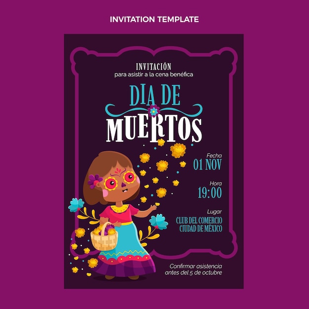 Vettore gratuito modello di invito piatto dia de muertos