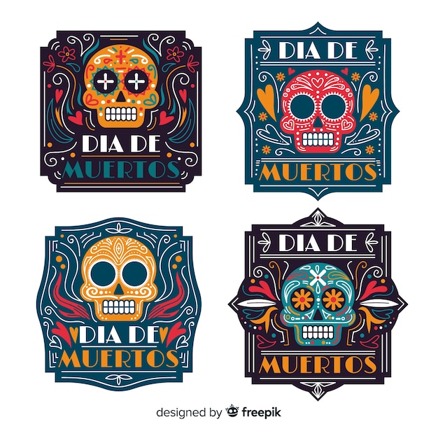 Flat día de muertos label collection