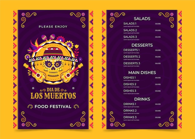 Vettore gratuito modello di menu piatto dia de muertos