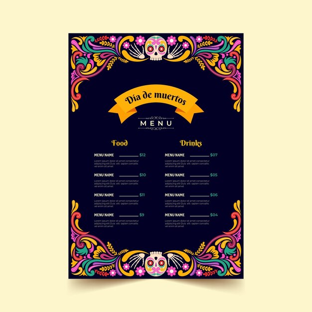 Flat dia de muertos menu template