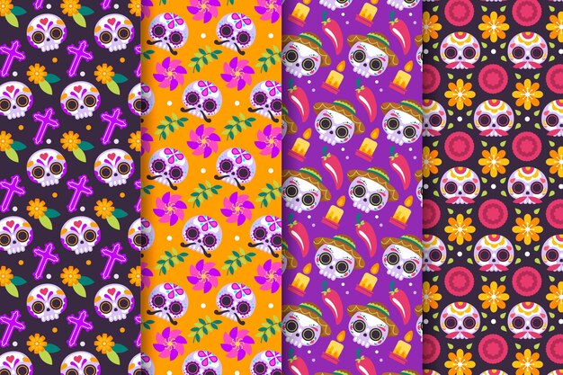 Flat dia de muertos patterns collection