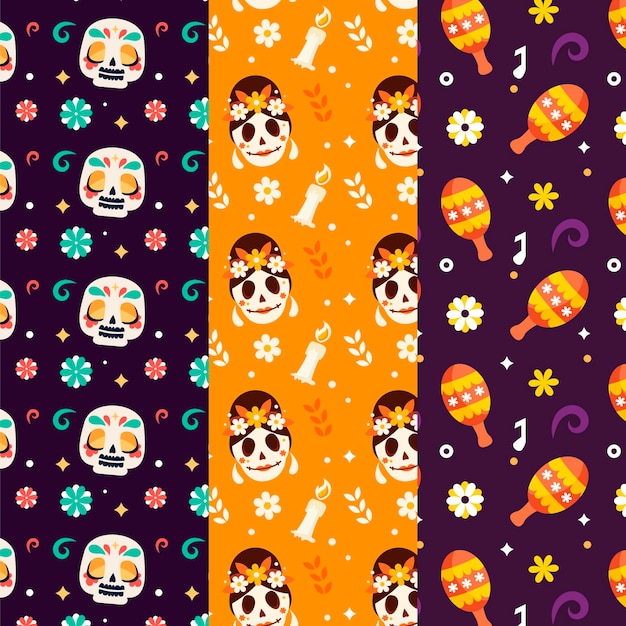 Flat dia de muertos patterns collection