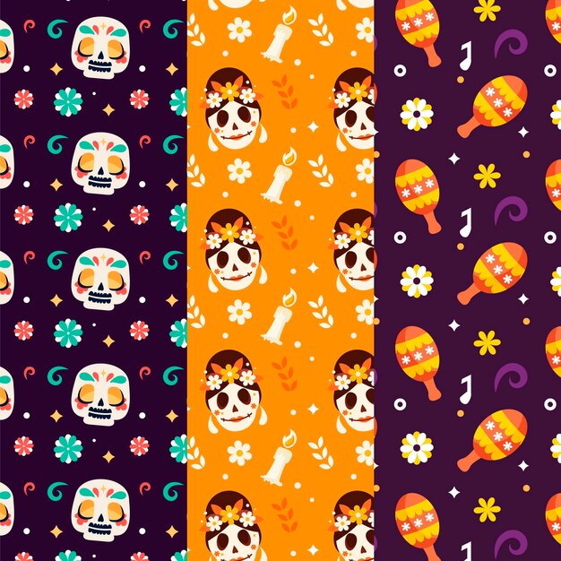 Flat dia de muertos patterns collection