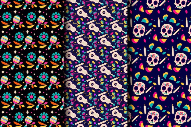 Flat dia de muertos patterns collection