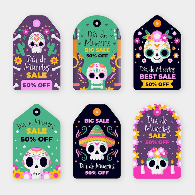 Flat dia de muertos sale labels collection