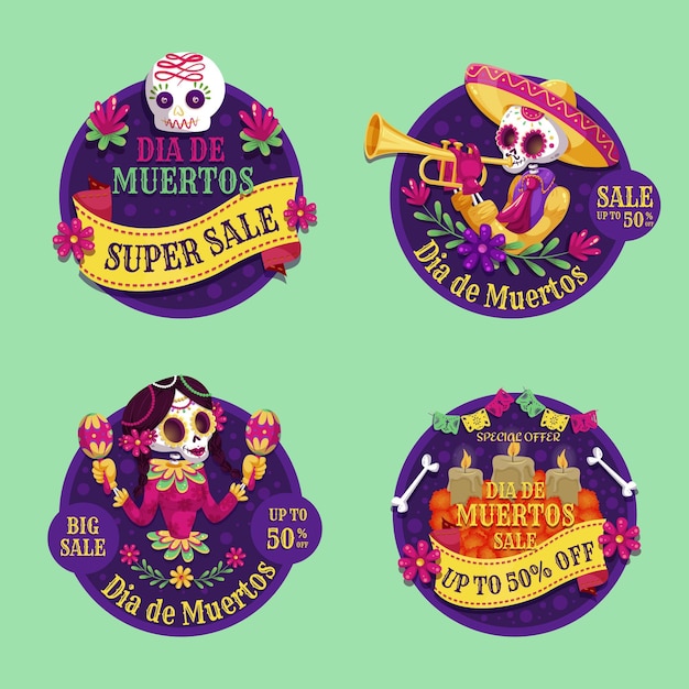 Collezione di etichette di vendita piatta dia de muertos