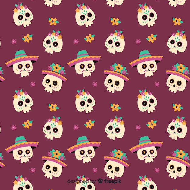 Free vector flat día de muertos seamless skull pattern