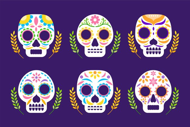 Бесплатное векторное изображение Плоская коллекция черепов dia de muertos