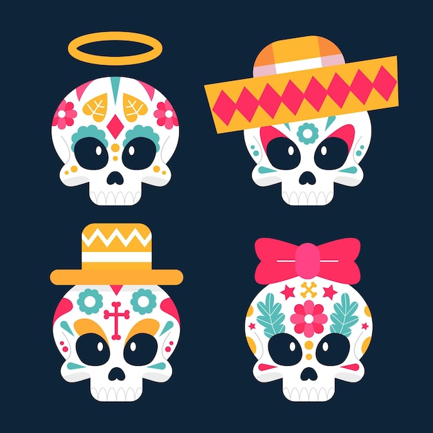 Flat dia de muertos skulls collection