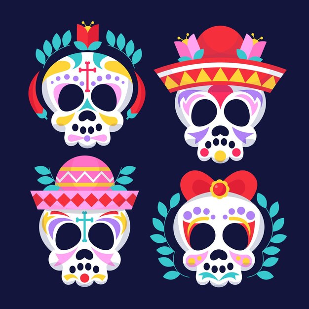 Flat dia de muertos skulls collection
