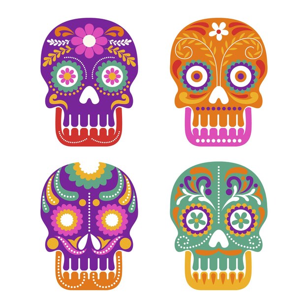 Flat dia de muertos skulls collection