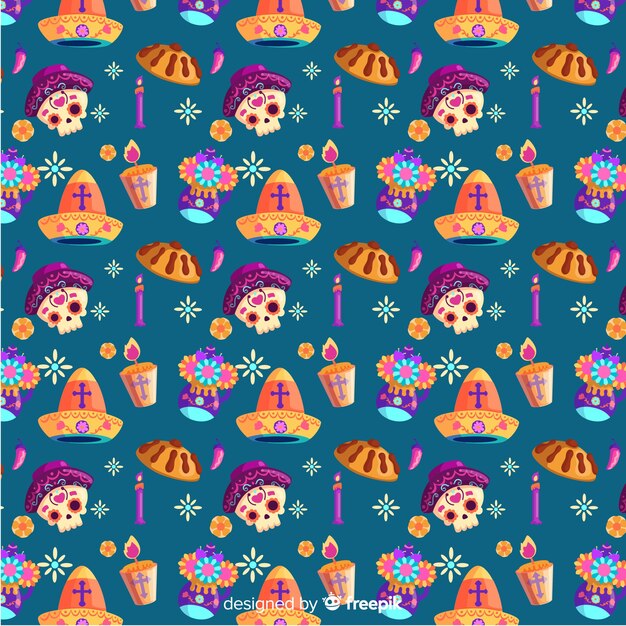 Flat día de muertos skulls and hats pattern