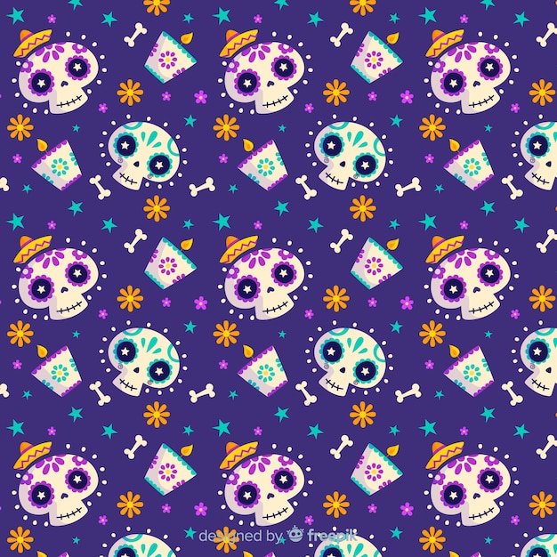 Flat día de muertos and smiley skulls pattern