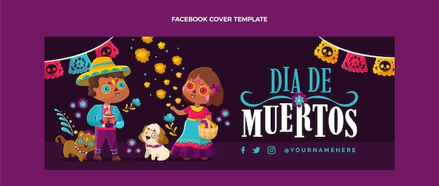 Плоский шаблон обложки для социальных сетей dia de muertos