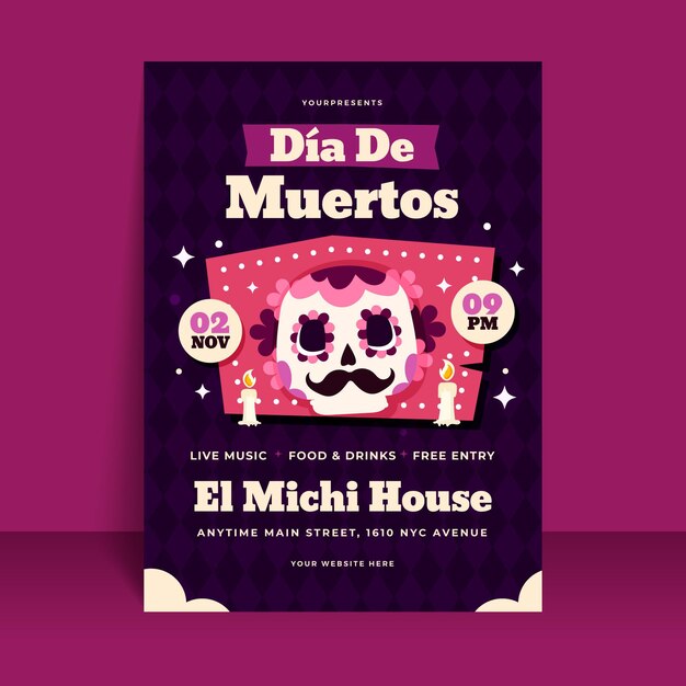 Плоский шаблон вертикального флаера dia de muertos