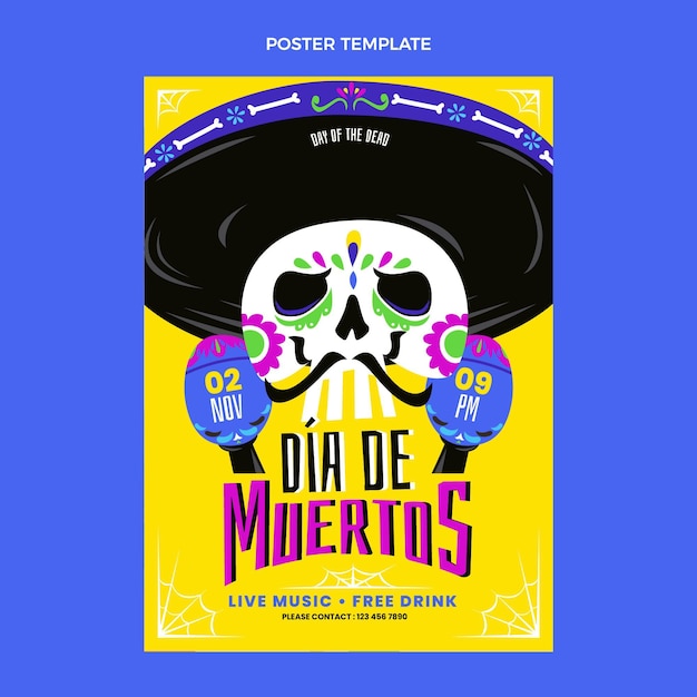 Vettore gratuito modello di volantino verticale piatto dia de muertos