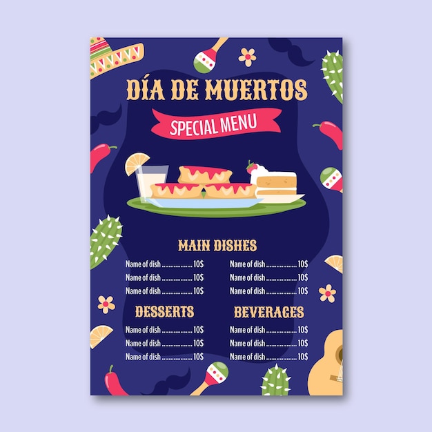 Vettore gratuito modello di menu verticale piatto dia de muertos