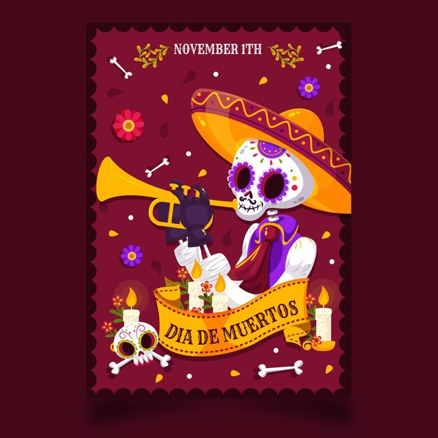 평면 dia de muertos 수직 포스터 템플릿