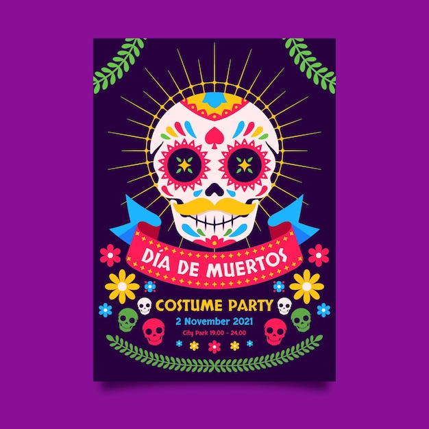 Vettore gratuito modello di poster verticale piatto dia de muertos