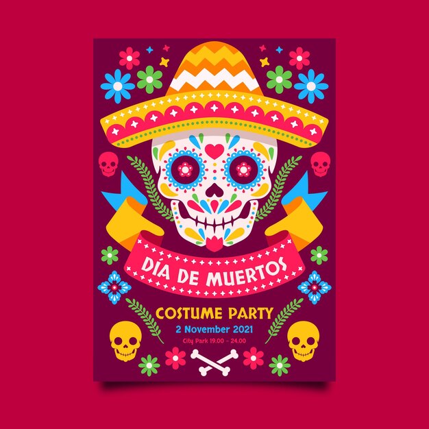 Flat dia de muertos vertical poster template