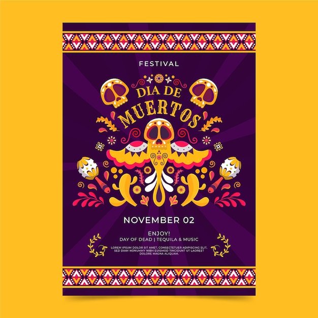 Flat dia de muertos vertical poster template