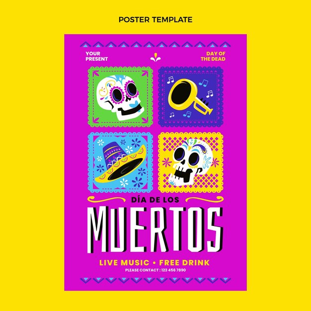 Vettore gratuito modello di poster verticale piatto dia de muertos