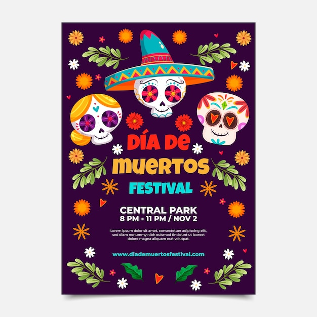 Modello di poster verticale piatto dia de muertos