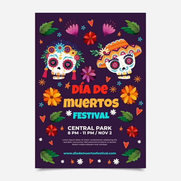 Vettore gratuito modello di poster verticale piatto dia de muertos