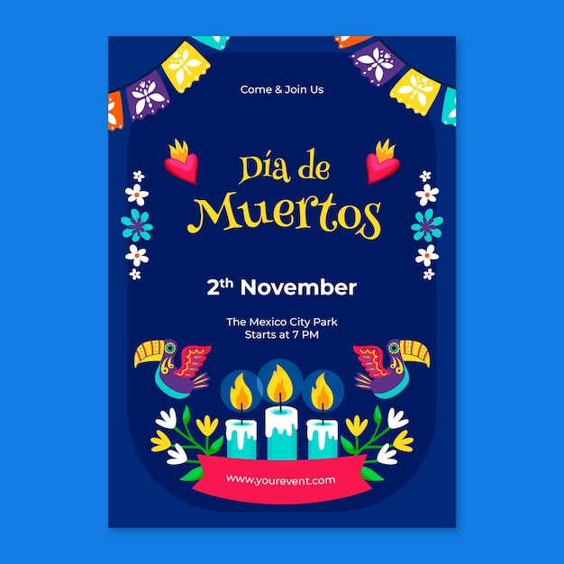 Flat dia de muertos vertical poster template