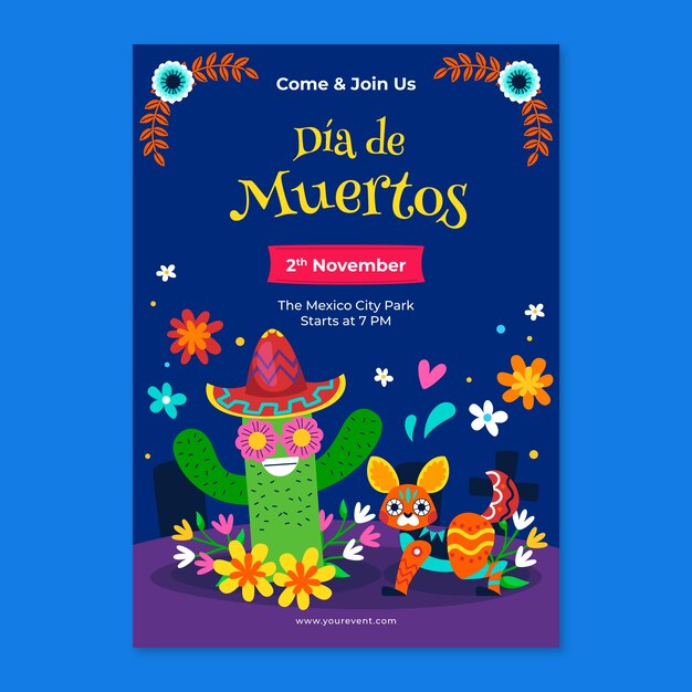 Flat dia de muertos vertical poster template