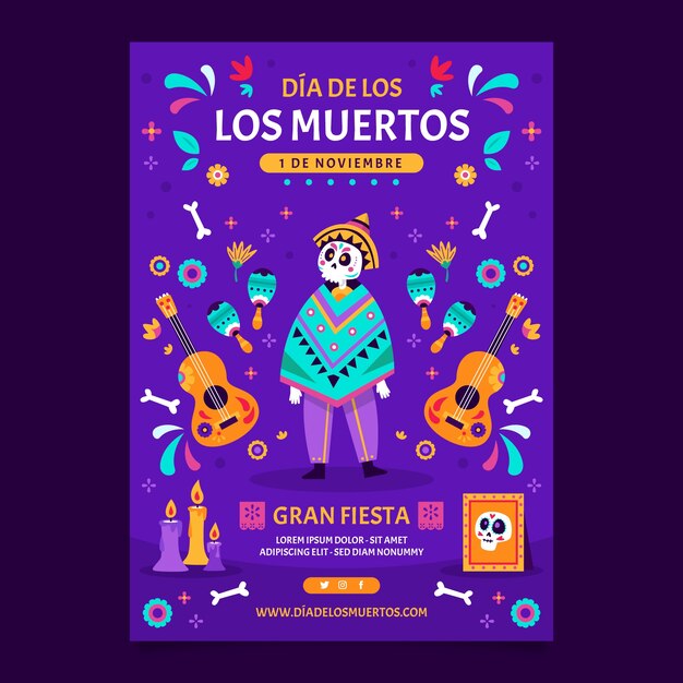 Плоский шаблон вертикального плаката dia de muertos