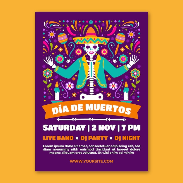 Free vector flat dia de muertos vertical poster template