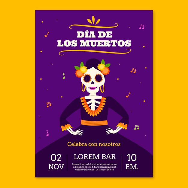 평면 dia de muertos 수직 포스터 템플릿