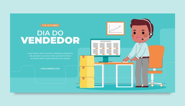 Flat dia do vendedor horizontal banner template with employee