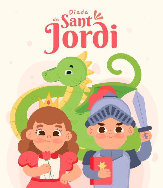 Плоская иллюстрация diada de sant jordi с рыцарем и принцессой